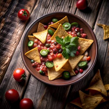 A mouthwatering 3D illustration of nachos loaded with beans. salsa. and fresh toppings. Perfect for restaurant menus. social media posts. and food blogs.の素材