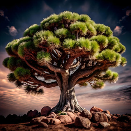 A stunning 3D illustration of a Canary Island Pine. showcasing its unique twisted branches and lush green foliage. Perfect for nature themed designs. travel brochures. or environmental awareness campaigns.の素材