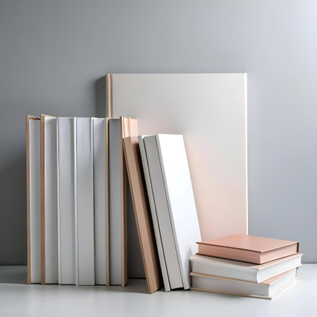 A minimalist. clean aesthetic featuring a stack of books against a simple grey background. Perfect for adding a touch of sophistication to your designs.の素材