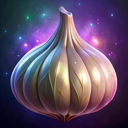 A 3D illustration of a stylized. golden garlic bulb. The intricate details and glowing effect make it perfect for game design. branding. or as a decorative element.の素材