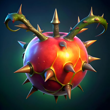 A whimsical and dangerous apple with sharp thorns and a vibrant color scheme. Perfect for game assets. fantasy illustrations. and creative projects.の素材