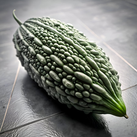 A close up 3D illustration of a bitter melon. highlighting its unique bumpy texture and vibrant green color. Perfect for food blogs. recipes. and health & wellness content.の素材