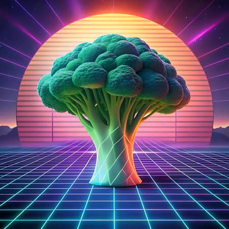 A vibrant 3D illustration of a broccoli in a retro 80s setting. featuring a glowing sunset and a neon grid floor. Perfect for adding a playful and nostalgic touch to your designs.の素材