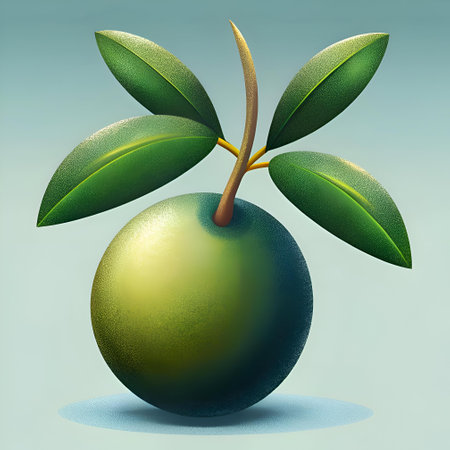 A vibrant 3D illustration of an African Olive. featuring a textured green fruit with three realistic leaves. Perfect for adding a touch of nature to your designs.の素材