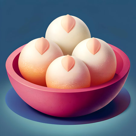 Delightful 3D illustration of four round. frosted treats in a pink bowl. Perfect for food. dessert. or bakery themes.の素材