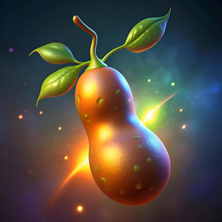 A vibrant 3D illustration of a tamarind fruit. rendered with a glossy finish and subtle highlights. The leaves are a vibrant green. creating a beautiful contrast. Perfect for food related designs. illustrations. and marketing materials.の素材