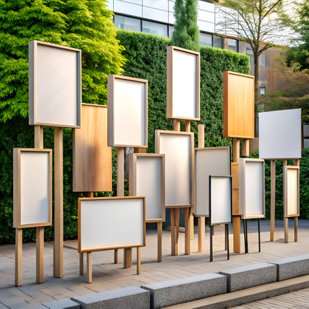 A collection of blank signs and wooden panels in a park setting. offering a versatile and eye catching backdrop for design and advertising.の素材