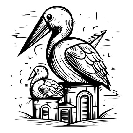 Pelican and bird on the roof of a church. Vector illustration.のイラスト素材