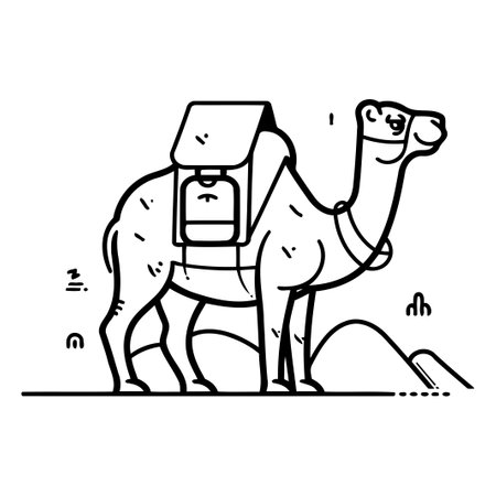 Camel in the desert. Vector illustration in flat line style.のイラスト素材