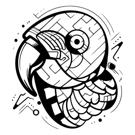 Vector illustration of parrot head with maze on white background. Line art design for web. site. advertising. banner. poster. board and print.のイラスト素材