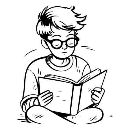 Young man reading a book. Vector illustration in doodle style.のイラスト素材