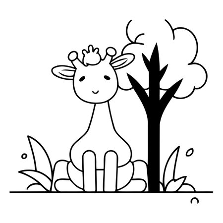 Cute giraffe sitting on a tree. Vector illustration in flat style.のイラスト素材