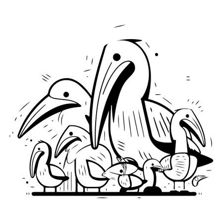 Cute hand drawn vector illustration of a group of pelicans.のイラスト素材