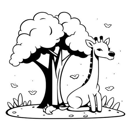 Cartoon vector illustration of a cute giraffe sitting under a treeのイラスト素材