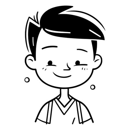 Black and White Cartoon Illustration of a Boy Smiling and Looking at the Cameraのイラスト素材