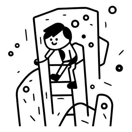 Man climbing up the mountain. Flat line art style vector illustration.のイラスト素材