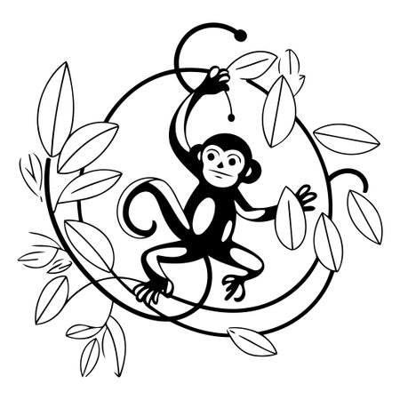 Cute monkey in a wreath of leaves. Vector illustration.のイラスト素材