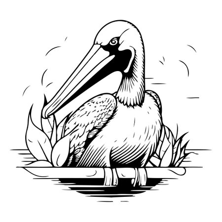 Pelican vector illustration. Hand drawn sketch of pelican.のイラスト素材