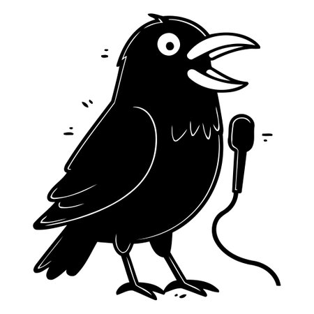 Vector illustration of a black crow singing with a microphone on a white background.のイラスト素材