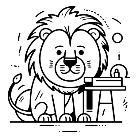 Cute lion sitting on the table. Vector illustration in line style.のイラスト素材