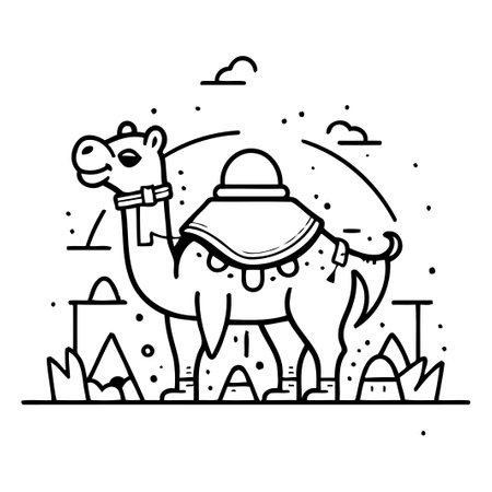 Camel with hat. Vector illustration in flat design style. Cute cartoon camel.のイラスト素材