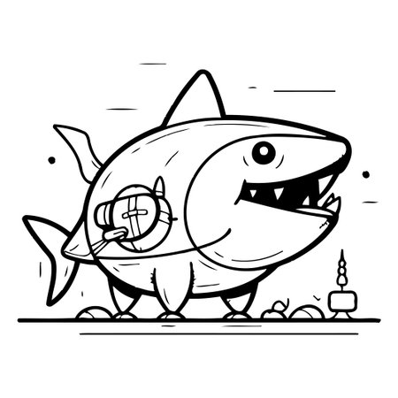 Cartoon shark. Vector illustration of a shark with a shield.のイラスト素材