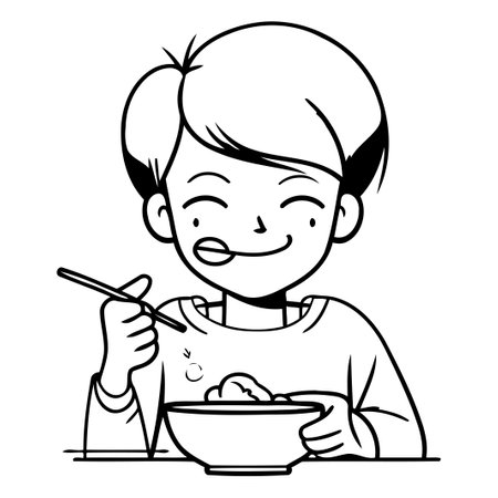 Illustration of a boy eating a bowl of soup with chopsticksのイラスト素材