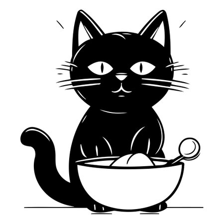 Black cat with bowl of soup. Vector illustration isolated on white background.のイラスト素材