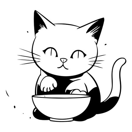 Cute black cat sitting in a bowl and eating. Vector illustration.のイラスト素材