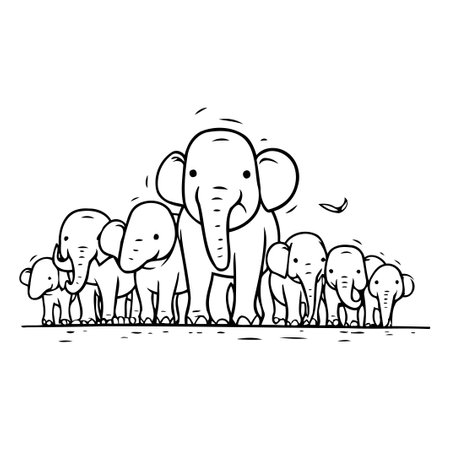 Family of elephants with their baby. Vector illustration in doodle style.のイラスト素材