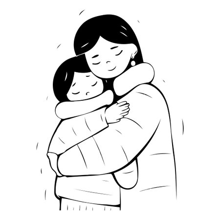 Mother and daughter in warm clothes hugging each other. Vector illustration.のイラスト素材