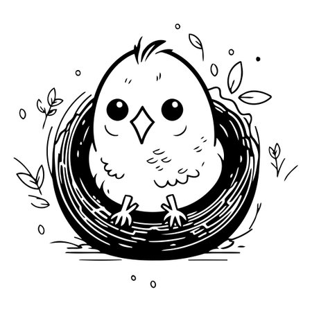 Cute little chick in a nest. Hand drawn vector illustration.のイラスト素材