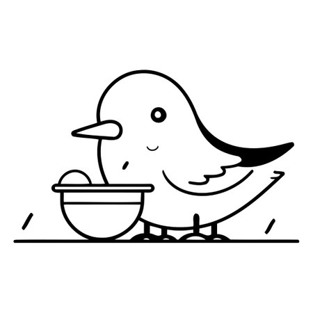 Cute bird with a bowl of baby food. Vector illustration.のイラスト素材