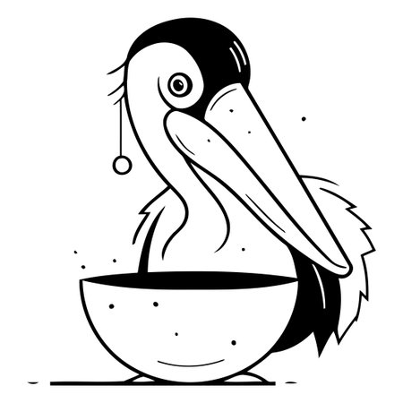 Pelican with a bowl of food. Cartoon vector illustration.のイラスト素材
