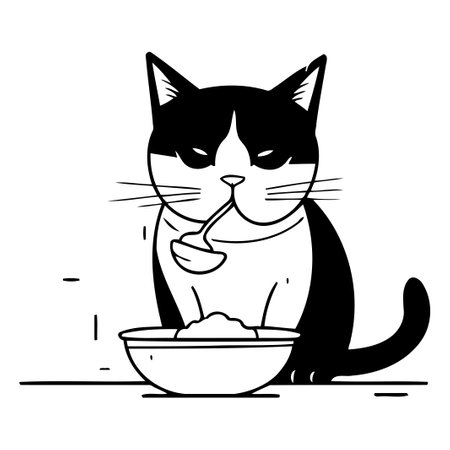 Black and white cat eating food from a bowl. Vector illustration.のイラスト素材