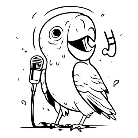 Vector illustration of a cute cartoon parrot singing into a microphone.のイラスト素材
