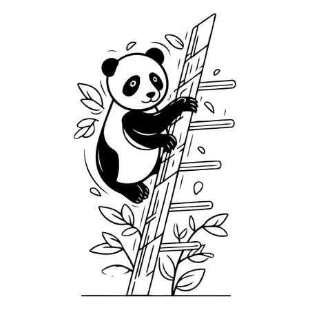 Cute panda bear climbing on a ladder. Vector illustration.のイラスト素材
