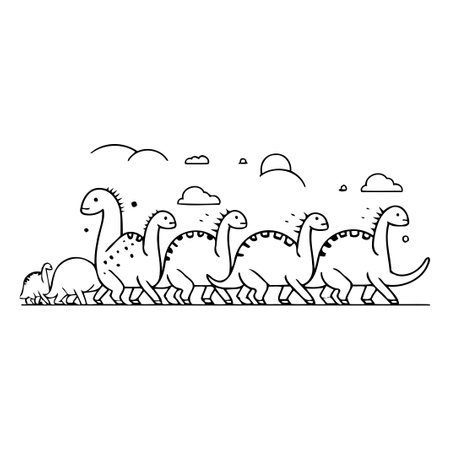 Dinosaur vector illustration in line style. Cute dinosaurs cartoon characters.のイラスト素材