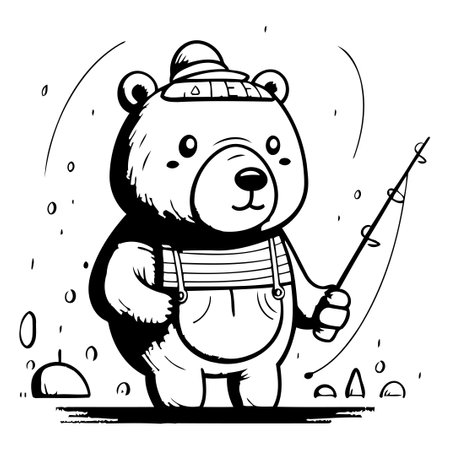 Cute bear with fishing rod. Vector illustration in cartoon style.のイラスト素材