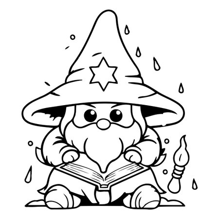 Cute Cartoon Wizard Sitting With A Book. Vector Illustration.のイラスト素材