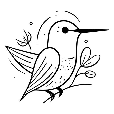 Cute cartoon hummingbird with flowers. Hand drawn vector illustration.のイラスト素材