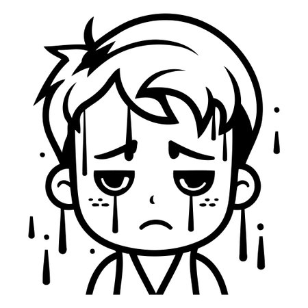 Sad boy with tears on his face. Vector illustration of a sad boy.のイラスト素材