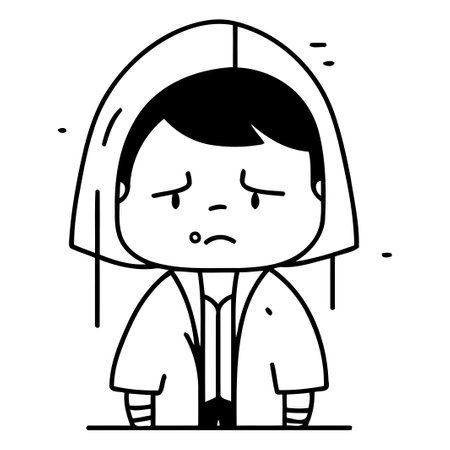 Sad boy in raincoat. Vector illustration in flat cartoon style.のイラスト素材