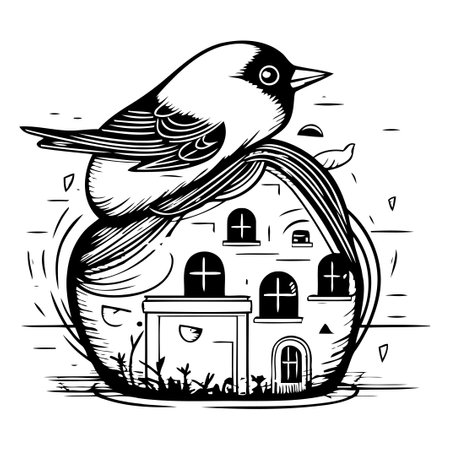 Bird sitting on the roof of a house. Hand drawn vector illustration.のイラスト素材