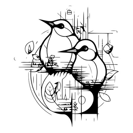 Vector illustration of two birds sitting on a branch in the city.のイラスト素材