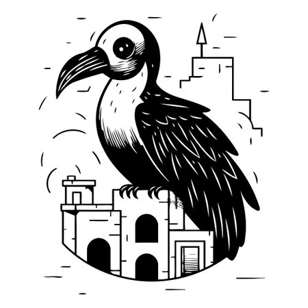 Vector illustration of toucan on the background of the old city.のイラスト素材