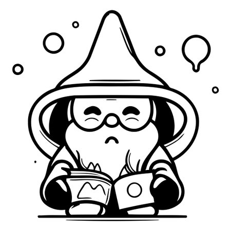 Cute wizard reading a book. Vector illustration in cartoon style.のイラスト素材