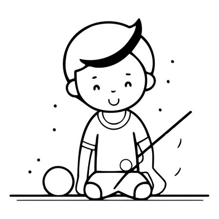Cute little boy playing billiard. Vector illustration in cartoon style.のイラスト素材