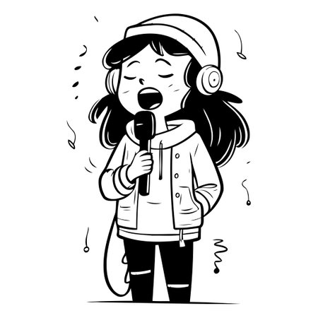 Illustration of a cute girl singing into a microphone. Vector illustration.のイラスト素材