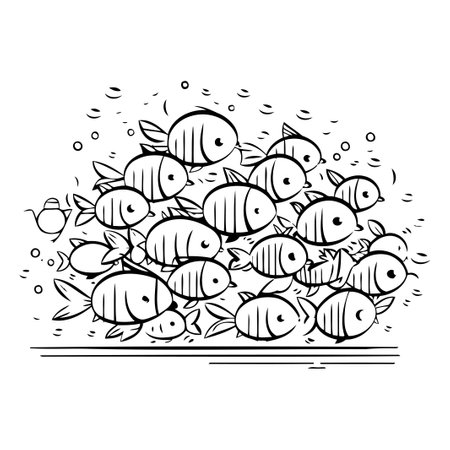 Cute doodle vector illustration of a school of fish.のイラスト素材